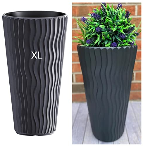 MELTOM Blumentopf mit vertikaler Wellenoptik herausnehmbarem Einsatz aus Kunststoff Pflanzkübel (Anthrazit, XL)