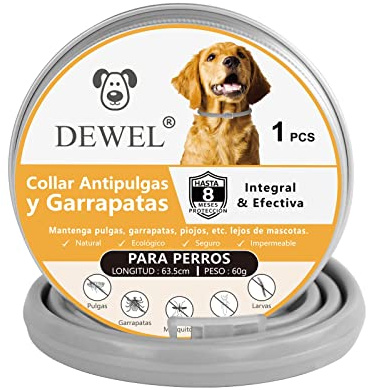 DEWEL Collar Antipulgas y Garrapatas, 8 Meses de Protección, Collar Perros contra Pulgas Garrapatas Mosquitos, Impermeable y Ajustable, 63.5cm, Gris