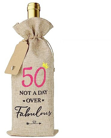 GEBETTER 50th Cotton Linen Wine Gift Bag Drawstring Bottle Bag for Wine with Tag and Rope 50 Years Old Birthday Gift Wine Bottle Cover Gift Bags for Women Wife Friends