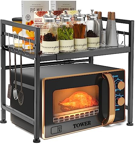 YunNasi Erweiterbares Mikrowellen Regal 2-Stufiges Mikrowellenständer Mikrowellenhalter Organizer aus Kohlenstoffstahl Küchenregal Stehend mit 10 Haken für Toaster, Heißluftfritteuse (Schwarz 1)