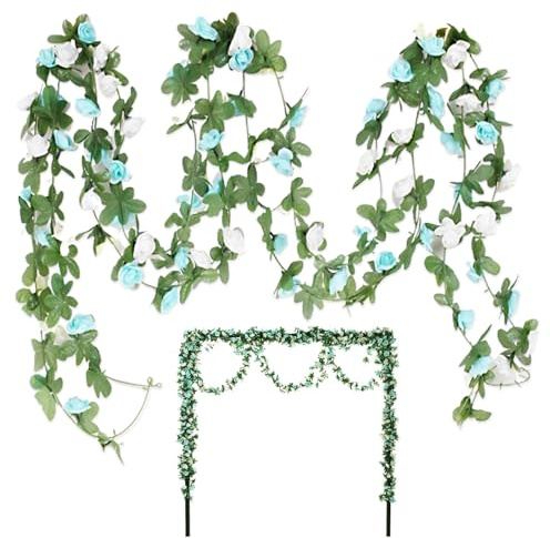 PMELCXD Guirnalda de Flores Artificiales: Petalos de Rosa y Flor de Mariposa Azul - Suavidad y Resistencia de Agua Florida en Decoración Elegante