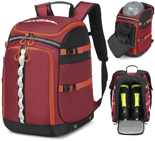 FRETHIND Skischuhtasche mit Helmfach Skirucksack 65L Nylon Skischuhrucksack mit Helmtasche Skitasche Skisack für Skistiefel Schlittschuhe Inline-Skates Rot