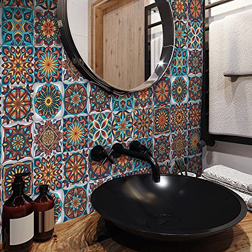 Tile Stickers 20x20 cm Mandala Orange Red Self Adhesive Wall Tiles Waterproof Stick on Tiles Bathroom Kitchen Tile Stickers Stick on Wall Tiles Decor Self Adhesive Tiles 24 Pcs