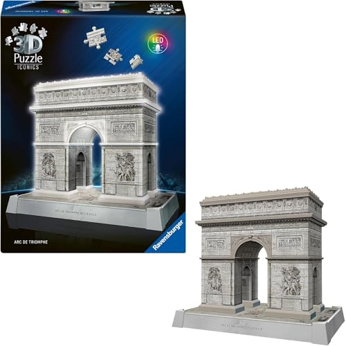 Ravensburger - Puzzle 3D Arc de Triomphe Lumineux - Monument à Construire sans Colle - 216 Pièces - Socle LED Multicolore - Dès 10 Ans - Lampe Déco - 12008029