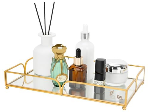 Dekorativ bricka, SLHEQING retro stor spegelbricka, rektangulär badrum bricka glas kosmetika arrangör guld vanity makeup arrangör för sminkbord matbord badrum sovrum