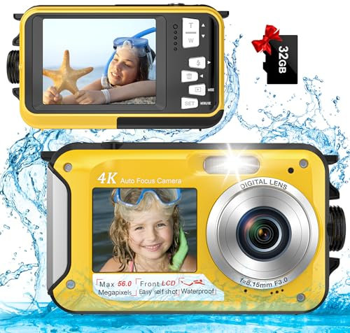 Digitalkamera, YISENC 4K Unterwasserkamera, 64MP Autofokus 11FT Digitalkamera wasserdichte mit 32GB Karte, Dual-Screen Selfie 1250mAh Batterie, 16X schwimmfähig Digital für Schnorcheln