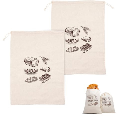 Shwdsy 2 Piezas Bolsa Pan, Algodón Bolsa Pan Tela, 30 × 40 cm Fundas para Pan con Cordón Ajustable, Reutilizable Saco de Pan de Lino, para Guardar Pan, Fruta y Verdura