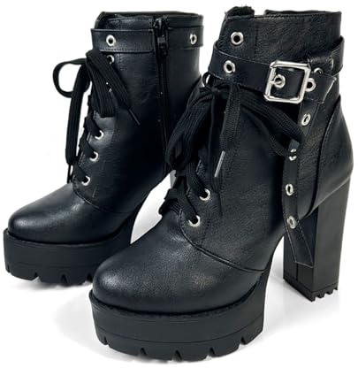 FOREADA Stivaletti neri con tacco alto da donna, con plateau, con lacci, stile gotico, con tacco grosso, con cerniera, Fibbia nera, 37 EU