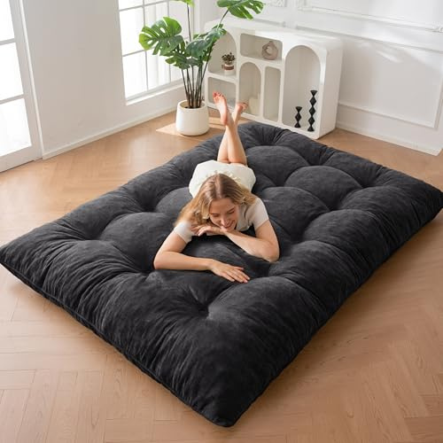 MAXYOYO Futonmadrass, Chenille-tyg, 15 cm tjock, upprullad futon bäddsoffa fyllt strimlat skum, hantverk med knappar, praktisk hopfällbar golvmadrassdyna (ram ingår inte)