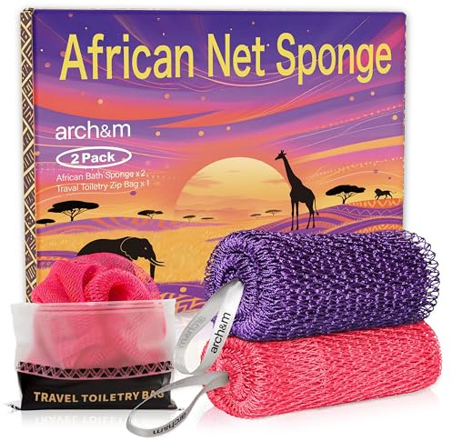 ARCH&M African Net Sponge Authentic 2 Pack - 53-inch Extra-Long Body Scrubber for Women and Men Daily Use Body Care, Shower Loofah Exfoliating Bath Sponge, Travel Portable Bath Accessories Gifts