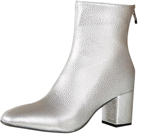 Momolaa UK Size 5 Women's Leather Square Toe Back Zip Chunky Low Block Heels Ankle Boots Elegant Tall Shaft Fall Winter Heeled Dress Booties Shoes Silver