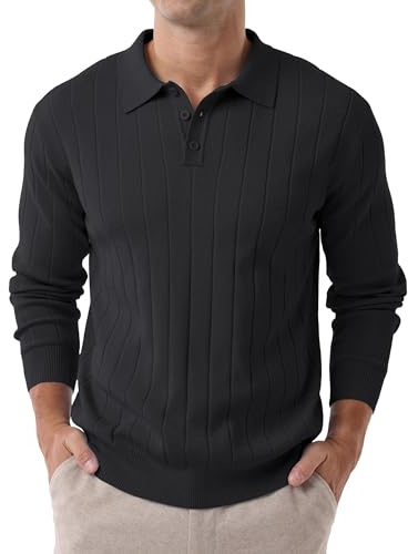 Hisir Mens Polo Jumpers Long Sleeve Winter Knit Sweater Shirts Regular Fit Casual Classic Vertical Stripes Tops