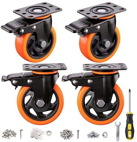 Yuconect 4 rotelle per carichi pesanti da 75 mm con freni, rotazione a 360°, accessori di montaggio inclusi – Ruote girevoli e ruote per trasporto in PU (nero/arancione) per trasporto di mobili e