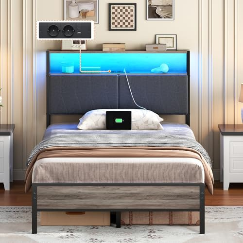 HOOBRO Cama 120 x 200 cm con Cabecero Tapizado, Base de Carga y Tira LED Regulable, Estructura de Cama Metálica con Espacio de Almacenaje, Cama Individual, para Dormitorio, Gris y Negro EBG67CDBF01