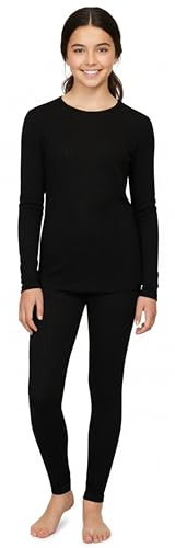 Heatwave Thermalwear Girls Thermal Underwear Set Long Sleeve Top and Bottom Pants Winter Base Layer for Kids Warm Cold Weather, Black 12-13 Years