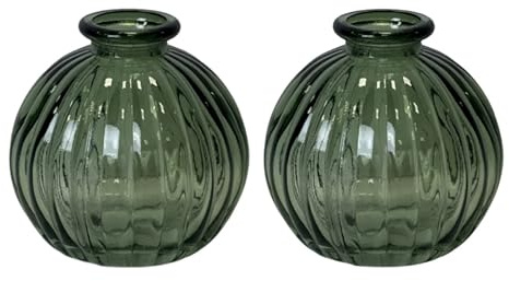 Woodside Home Living - Round Ribbed Glass Small Ball Vase (Set of 2) - Vintage Green