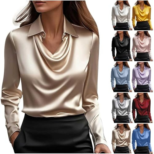 HAOLEI Camicia da Donna Elegante in Raso di Seta Camicetta a Maniche Lunghe con Scollo a V Blusa Basic con Bottoni Unita Maglie Shirt Maglietta da Capodanno Tinta Unita Carnevale Shirt Sera Basic Top