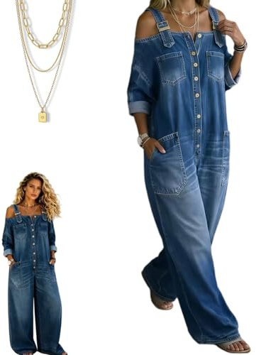 2026 Salopette Large Avec Jambes Et Poches Larges, Salopette D'été for Femme, Salopettes D'été En Jean Aéré for Femme, épaule Froide, Bretelles Réglables, Patte Boutonnage, à Enfiler Et Enlever