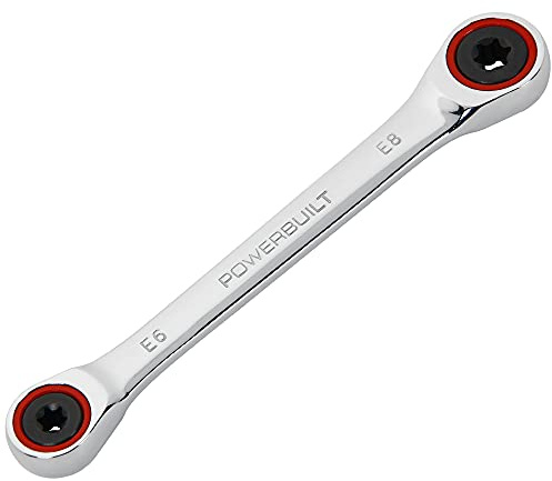 Powerbuilt Ratcheting Double Box-End E-Star Wrench E6/E8, 5 Degree Swing, 72 Tooth, Red Color Ring, Hand Tool 641759