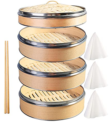 Hcooker 3 Couches Cuisine à Vapeur en Bois avec Double Bande en Acier Inoxydable pour Petits Pains Asiatiques Boulettes Boulettes Légumes Poissons Riz