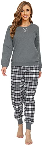 Mnemo Schlafanzug Damen 100% Baumwolle Bequemer Pyjama Damen Baumwolle mit Karomuster (Grau & Schwarz, M)