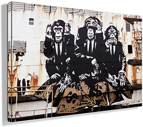 Banksy-tavlor, canvas, 3 Apor, tavla, graffiti, gatukonst, canvastavla på kilram, konsttryck, vardagsrum, väggdekoration, dekoration, XXL, 60 x 100 cm (23,6 x 39,4 tum)