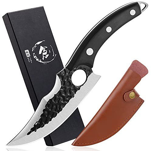Coltello per disossare Lama con struttura a martello forgiata a mano Coltello da esterno Coltello da cuoco Manico curvo a codolo intero Coltello da macellaio per filettare Mannaia con fodero in pelle