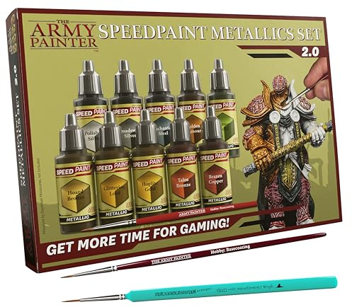The Army Painter Speedpaint 2.0 Metallics Set Combo, 10 Bottles of Non Toxic Metal Contrast Acrylic Model Paint 18ml, 1 Free Speedpaint Brush and 1 Basecoating Brush for Miniature Fantasy Wargaming