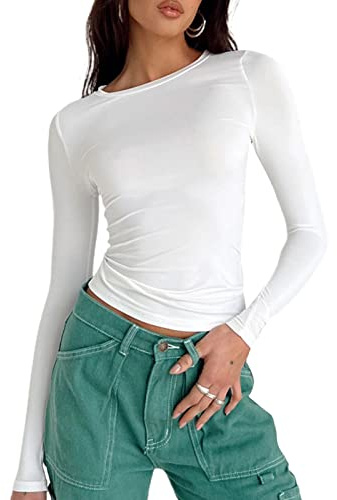 OZYILIAN Top décontracté basique pour femme T-shirt ajusté ajusté avec col rond, Blanc-3A, Medium