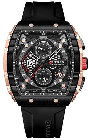 FORSINING Orologio da uomo al quarzo, quadrante rettangolare alla moda, orologio da polso in silicone, stile casual, da lavoro e militare, impermeabile, analogico, con data, Nero , Cinturino