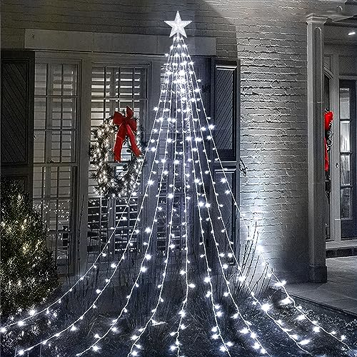 Waterfall Tree Lights, 2m/ 6.56ft x 9 Lines USB Christmas Tree Lights with Topper Star, 198 LEDs Waterproof Fairy Lights with 8 Lighting Modes for Indoor Outdoor Xmas Tree Garden Decor