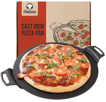 Chef Pomodoro Piastra Ghisa da 38 cm, Teglia Pizza Rotonda con Maniglie, Padella per Pizza Adatta a Forni, Barbecue e Falò, Piastra per Piadine, Bruschette e Crostini