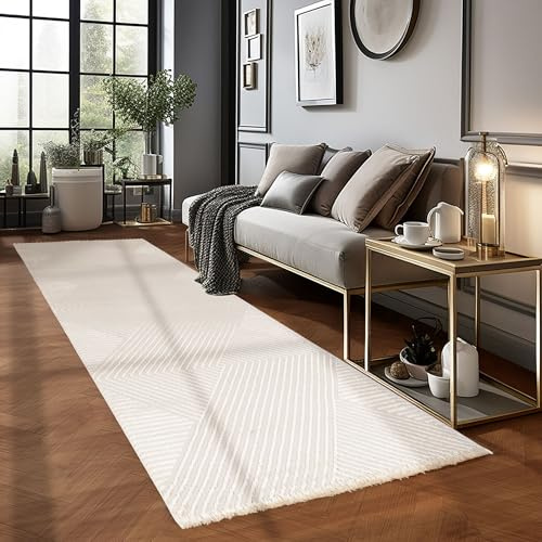 Carpetsale24 Kurzflor Teppich Läufer 80x250 cm Creme Modern Skandinavisch Boho Design Einfarbig 3D Effekt Weich Waschbar Pflegeleicht für Flur Eingang Küche Schlafzimmer