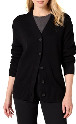 Amazon Essentials Cardigan à col en V et Coupe décontractée d'épaisseur Moyenne Femme, Noir, XL