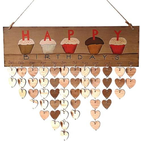 Calendario de cumpleaños, recordatorio de cumpleaños, calendario de madera para colgar en la pared, con etiquetas de madera de corazón, decoración de pared del hogar
