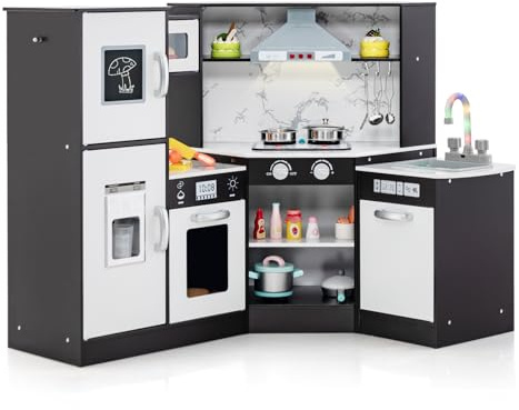 COSTWAY Cocina de Juguete de Madera con Lavabo Separado, Cocinita de Madera Infantil con Sonidos y Luces, Microondas, Máquina de Hielo Simulada y Lavavajillas, Pizarra, para Niños de 3+ Años(Café)