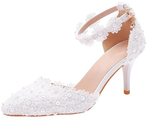 Jamron Donna Elegante Tacco a Spillo Décolleté a Punta con Cinturino alla Caviglia Pizzo Perle Scarpe da Sposa Bianco SN0703212-1 EU37