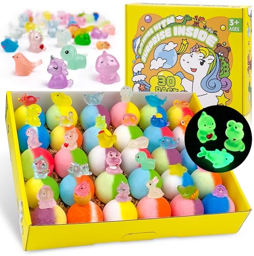 Yekery Bath Bombs for Kids with Toy Inside, 30 PCS Natrual and Organic Bubble Bath Bombs with Glow-in-The-Dark Surprise Inside, Perfect Handmade Birthday, Party, for Boys and Girls.