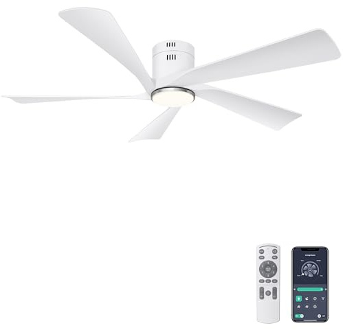 Ohniyou 132 cm (52 Zoll) Deckenventilator mit Beleuchtung, LED-Lichtern, Fernbedienung und App-Steuerung, Deckenventilator für den Außenbereich, dimmbar, leiser DC-Motor,Weiß