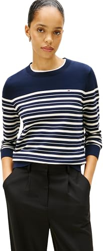 Tommy Hilfiger Jersey CO Jersey FINE GG LS C-NK SWT WW0WW44984 - Suéter sin botones para mujer, color azul (azul marino nocturno oscuro/Calico Multi STP), L, Azul (Dark Night Navy/Calico Multi Stp), L