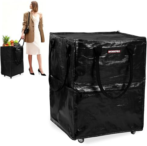WORKPRO Medium Reusable Grocery Bag on Wheels, Heavy Duty Rolling Shopping Tote with Handle, Folding Trolley on 4 Caster Wheels for Groceries, Laundry, Camping, Moving
