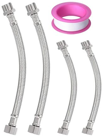 Flexschlauch 3/8, 304-Edelstahlschlauch 3/8 Zoll, 4er-Pack, 1 wasserfestes Band, panzerschlauch 3/8 zoll, geflochtener Pex-Schlauch für Wasserhahn, Waschmaschine, Duschkopf, Toilette (10/20cm)