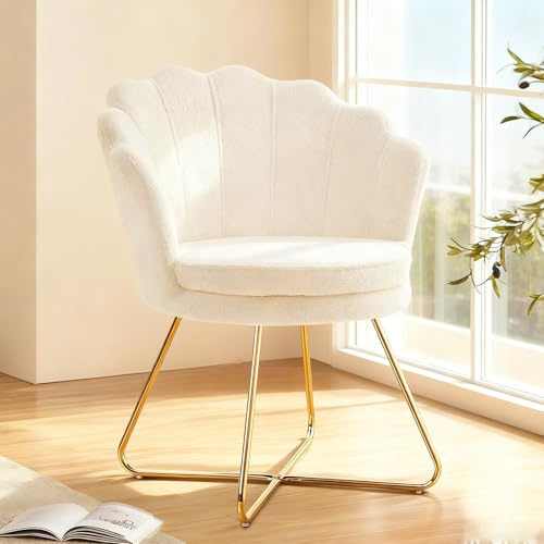 Hellove Chaise Coiffeuse, Chaise Coquillage Velours avec Pieds en Métal l'or, Fauteuil Salon Confortable, Fauteuil Lecture, Chair pour Salon, Chambre, Tabouret Coiffeuse, Blanche