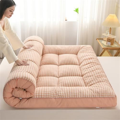 Colchón japonés grueso de futón, plegable, para dormitorio, cama, almohada (rosa a cuadros, 200 x 200 cm), solución de ropa de cama cómoda y versátil