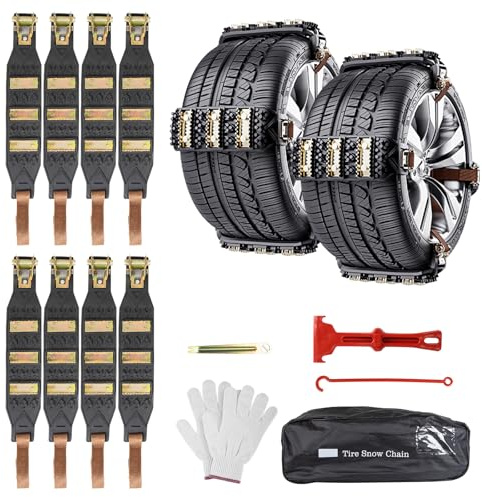 Oziral Cadenas de nieve 8 piezas antideslizantes y ajustables para neumáticos de 165 a 255 mm, fácil de instalar, para coches, SUV, camiones (negro)