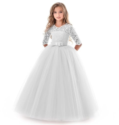 Enfants Fille Robe de Carnaval Princesse Longue en Dentelle avec Bowknot Demoiselle d'honneur Dress de Soirée Mariage Robe de Première Communion Anniversaire Fête Photographie