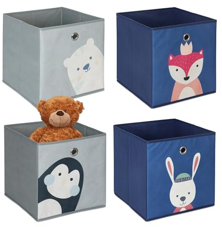 Relaxdays Set da 4 Contenitori per Giochi dei Bambini, Scatole Portagiochi con Disegni, Cubi 30x30x30 cm, Colorato