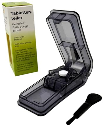 LisaCare Tablettskärare för mediciner - Tablettdelare 1/4 - Pillsplitter Pillenteiler - Bärbar pillerdelare inkl. rengöringsborste & förvaring i botten (Svart)
