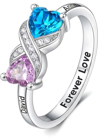 Personalised Infinity Promise Rings for Her with 2 Heart Birthstones Custom Engraved Two Names Gift for Women Couples Matching Double Name Ring Sterling Silver Engagement Rings for Her Sisters Couple