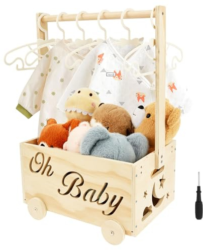 Panier cadeau de fête prénatale avec roues + 6 cintres - Boîte de rangement en bois pour jouets de bébé - Penderie en forme d'ours - Porte-vêtements pour chaussures et livres - Cadeaux de grossesse